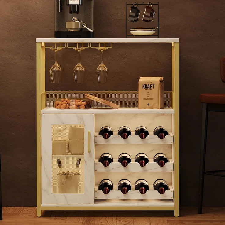 Garvee Weinschrank Weinregal Industrial Barschrank mit Verstellbarem | Weinregal und Glashalter Getränkeaufbewahrung Weinbarschrank für Küche Esszimmer Wohnzimmer 70 x 35 x 92 cm Gold
