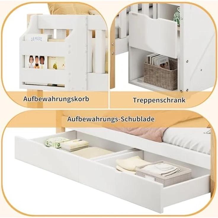 Odikalo Kinderbett Etagenbett Doppelbett Ablagekorb Schublade Treppenschrank 90/140*200cm (Kinder-Etagenbett, Doppelbett, multifunktionales Kinderbett mit Ablagekorb, mit Schublade, mit Treppenschrank, mit Ablageschrank, ohne Matratze, weiß + naturfarben) – Bild 6