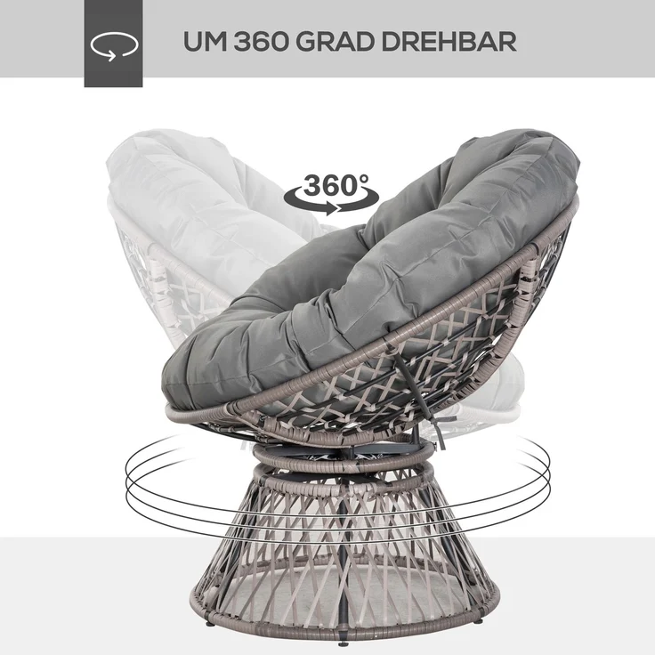 Outsunny Papasansessel Korbsessel mit Polster 360 Grad drehbar Rattan Grau B87 x T97 x H86 cm für Garten & Wohnzimmer--Grau--87x97x86cm--YOUDENOVA – Bild 4