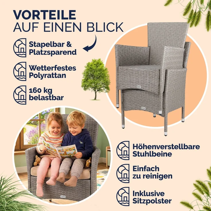 CASARIA® Polyrattan Gartenstühle 4er Set Creme – Bild 9