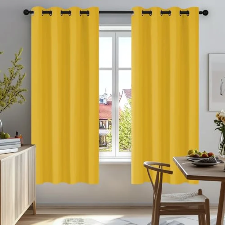 Deconovo Verdunkelungsvorhang Kälteschutz Gardinen Schlafzimmer Kälteschutzvorhang Blickdicht, 138x117 cm(HöhexBreite), Senfgelb, 2er Set – Bild 2