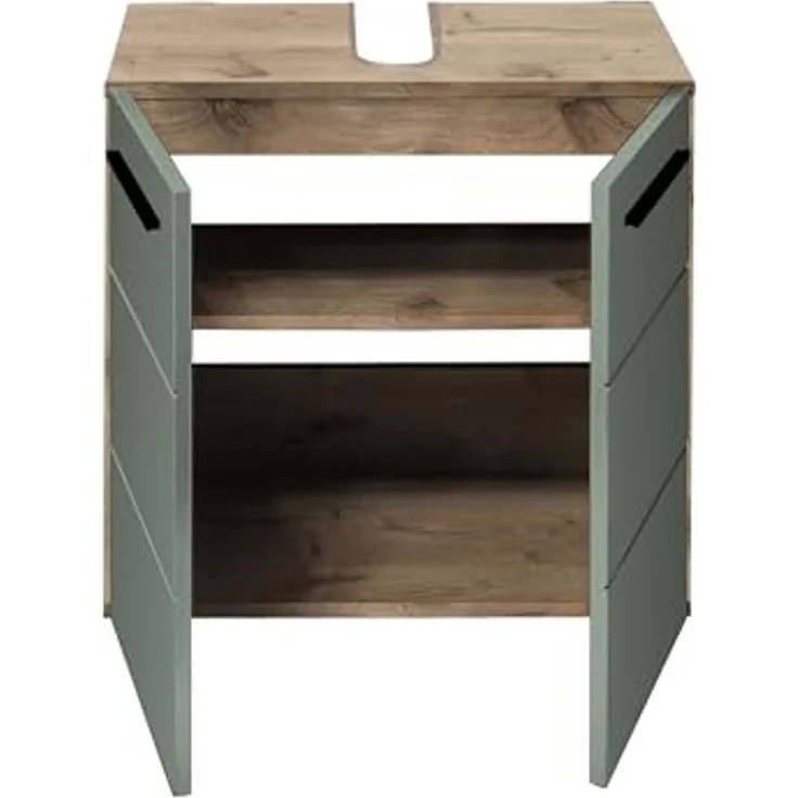 Waschbeckenunterschrank >Vista< 2 Türen, 1 Boden, schilfgrün / viking oak Dekor - 60x62x31 (BxHxT) – Bild 4