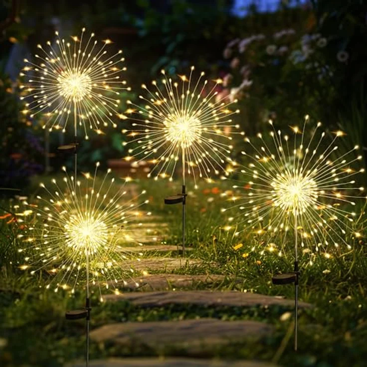 GIGALUMI Pusteblume Solarleuchten, 4 Stück mit 120 LEDs, Wetterfest für Balkon und Terrasse, flexible Kupferdraht-Dekoration – Bild 1