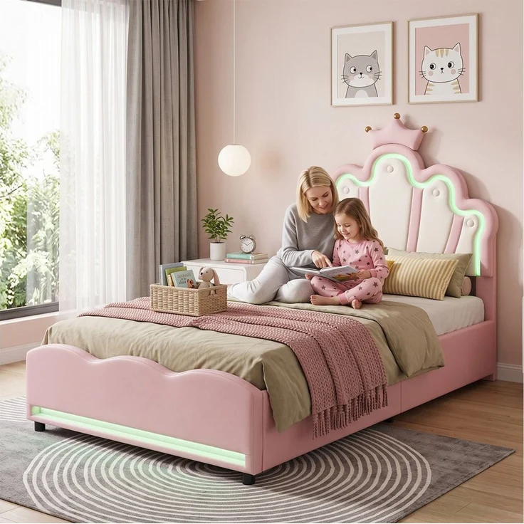 oyajia Polsterbett LED Kinderbett mit krone-Form Prinzessinnenbett (PU-Leder material Polsterbett mit Lattenrost und verstellbares gepolstertes Kopfteil), Modernes Jugendbett, Leises Design, Einfach zu montieren und stabil – Bild 3