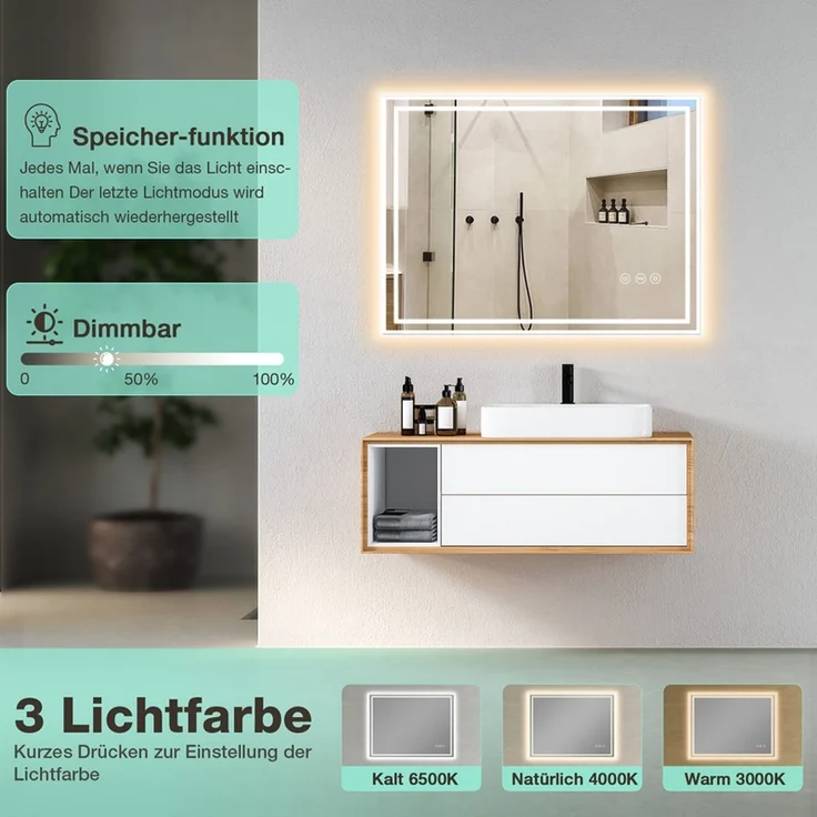 Gimbelen LED Badspiegel 80x60 cm, rechteckig, dimmbar mit 3 Lichtfarben & Anti-Beschlag, integrierte Steckdosen, explosionsgeschütztes Glas, IP44, für Badezimmer, Silber – Bild 3