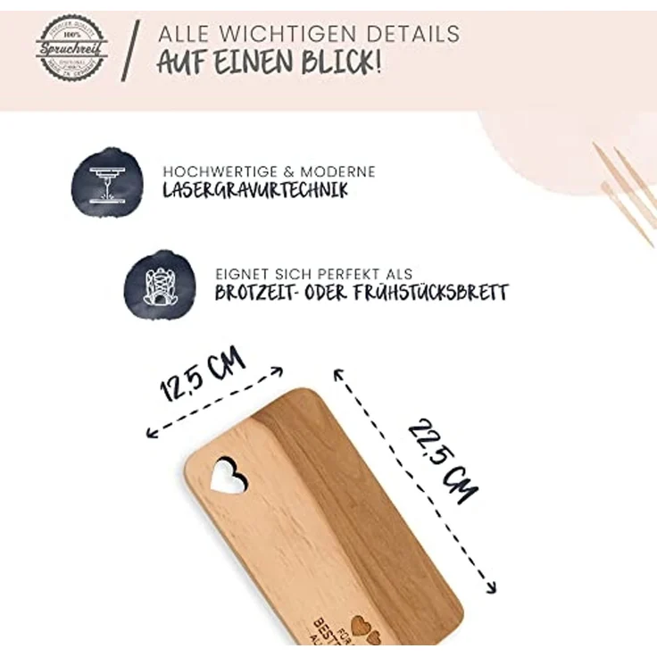 Spruchreif® Frühstücksbrett Frühstücksbrettchen aus Holz · Brotzeitbrett mit Gravur · Geschenk für Familie · Holzbrettchen mit Herzausschnitt – Bild 4