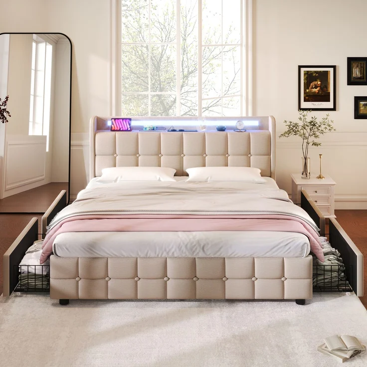 Einzelbett 160 × 200 cm mit Steckdosen,USB-Anschlüssen und LED-Beleuchtung,4 Schubladen,Leinenbezug in Beige,inklusive Matratze – Bild 4