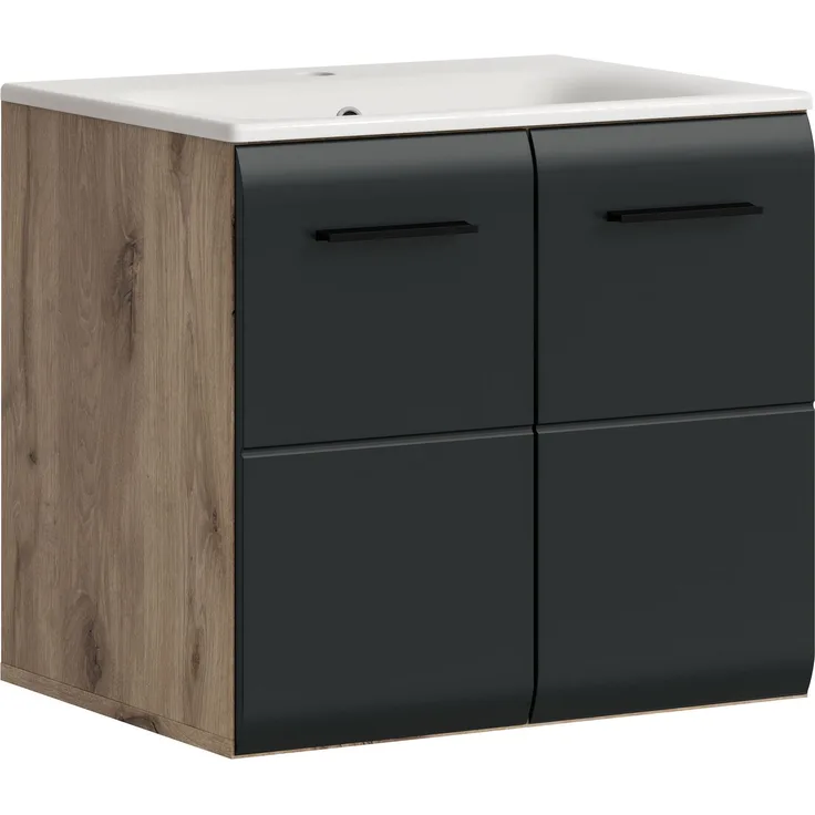 Waschtisch inkl. Waschbecken (B/H/T: 60x55x46 cm) in schwarz matt und Nox Oak Nachbildung
