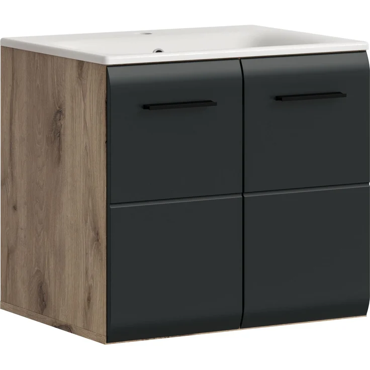 Waschtisch inkl. Waschbecken (B/H/T: 60x55x46 cm) in schwarz matt und Nox Oak Nachbildung – Bild 1