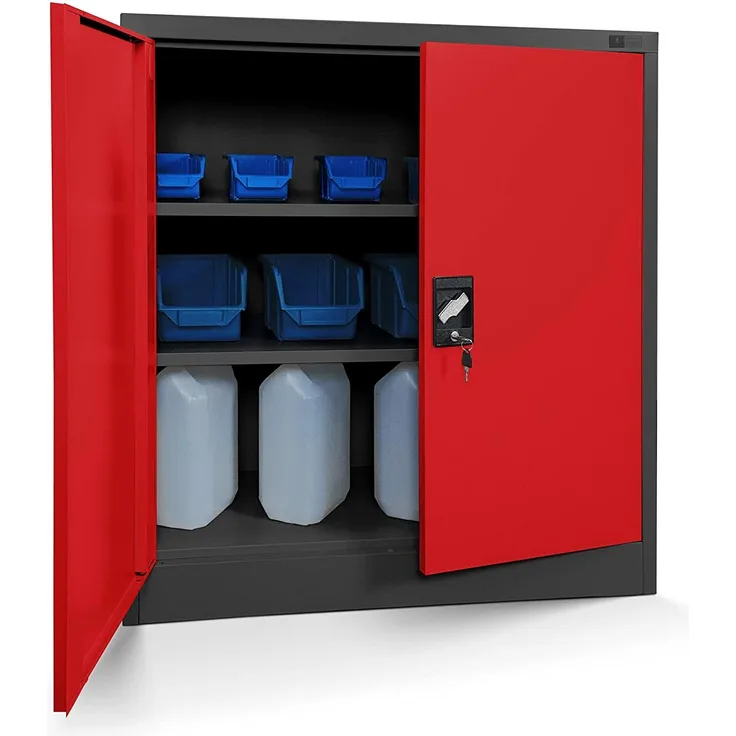 Jan Nowak Kleiner Aktenschrank 'C001B' mit Flügeltüren und abschließbar, Pulverbeschichtet Stahlblech anthrazit/ rot, 92,5 x 90 x 40 cm