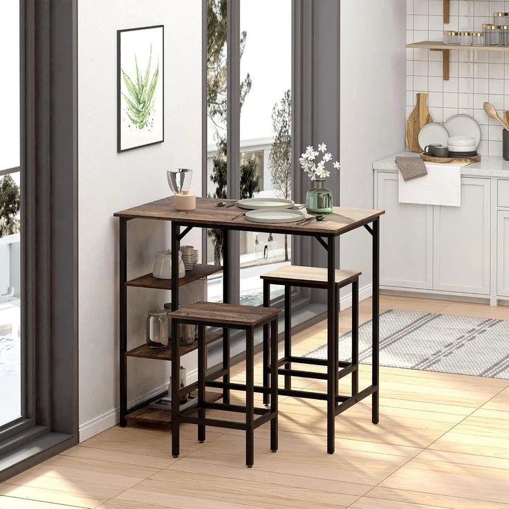 HOMCOM Bartisch Bartisch-Set mit 2 Barhockern – Bild 2