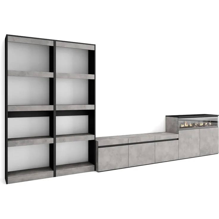 Skraut Home | Wohnwand Wohnzimmer | Wohnzimmermöbel, Möbelset | 370 x 186 x 35 cm | Für TV-Geräte bis zu 65" | Elektrokamin. | Moderner Stil | Zement