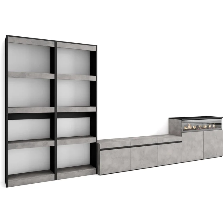 Skraut Home | Wohnwand Wohnzimmer | Wohnzimmermöbel, Möbelset | 370 x 186 x 35 cm | Für TV-Geräte bis zu 65" | Elektrokamin. | Moderner Stil | Zement