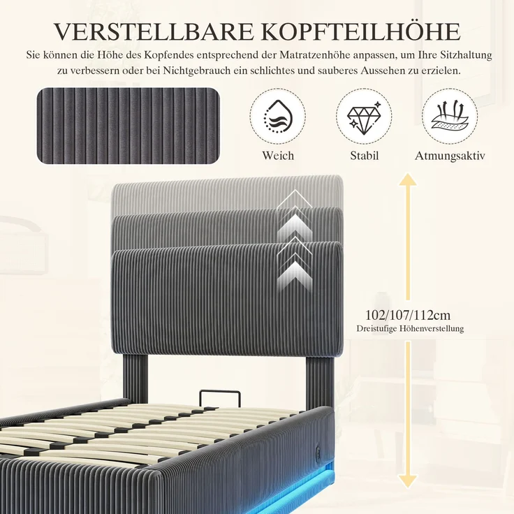 Polsterbett, Cord-Samt mit LED & USB-Anschluss, Stauraum, 91x207x102/107/112 cm, Dunkelgrau, ohne Matratze – Bild 7