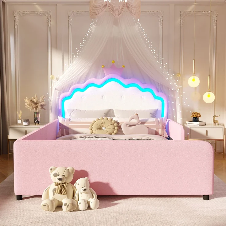 Polsterbett, 140x190 cm, Ohne Matratze, Mit LED-Lichtleiste, Prinzessinnenbett in Kronenform, Sicherheitsgitter, PU, Rosa – Bild 3