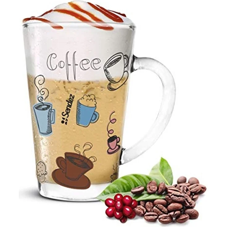 Sendez Latte-Macchiato-Glas 6 Latte Macchiato Gläser 300ml Kaffeegläser mit buntem Kaffee-Aufdruck, 6-tlg, Glas – Bild 6