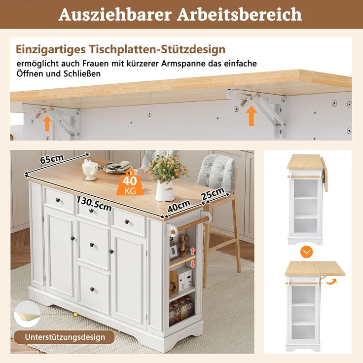 Merax Ausziehbarer Essbereich Kücheninsel mit verstellbaren Einlegeböden und Multifunktionsschubladen, Kücheninsel freistehend mit Steckdosenleisten, (Weiß) – Bild 6