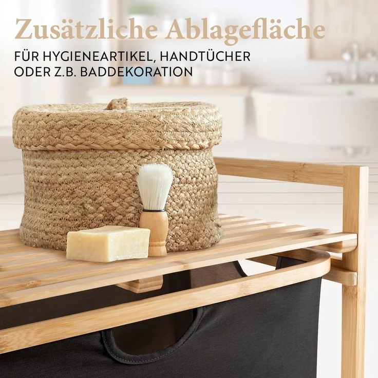 HENNEZ Badezimmerregal 2 Fächer | Bambusregal mit Ablage und 2 Körben | Badregal mit Schubladenboxen | Standregal – ideal als Kommode & Wäschesammler | Wäschesortierer mit Stoff Schubladen | Holzregal – Bild 6