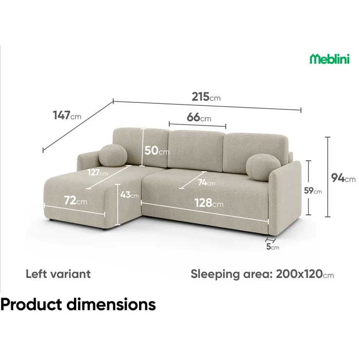 MEBLINI Schlafcouch mit Bettkasten – VESPER – 215x147x94cm – Links - Beige Boucle - Kleines Ecksofa mit Schlaffunktion - Sofa mit Relaxfunktion und Kissen - Kleine Couch L-Form – Eckcouch – Bild 7