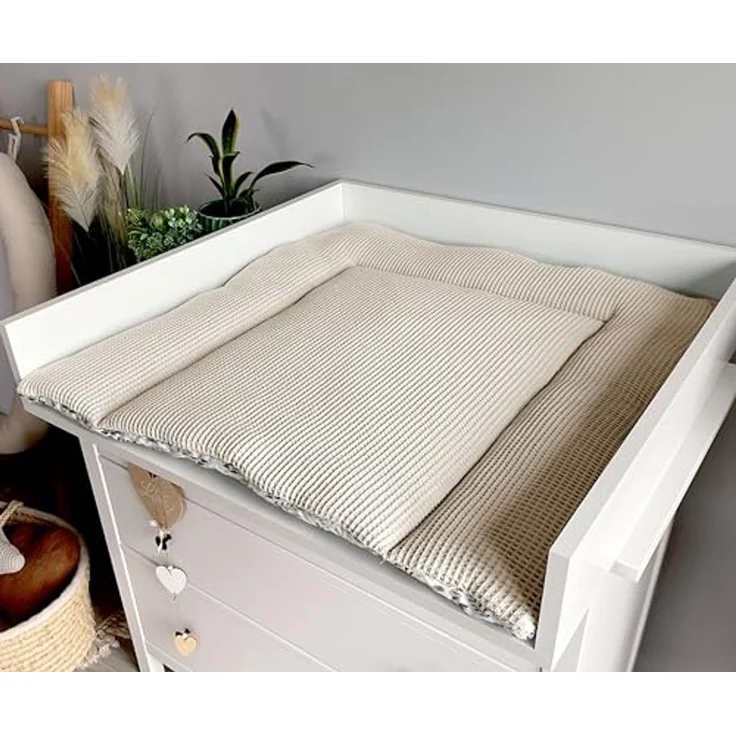 Wickelauflage Set 6-teilig – Wickelunterlage aus Baumwolle & Waffelstoff – Baby Wickelauflage – Geschenk zur Babyparty – Wickeltischauflage – 75x70 cm (Breite x Tiefe), Zweige und hellbeige – Bild 7