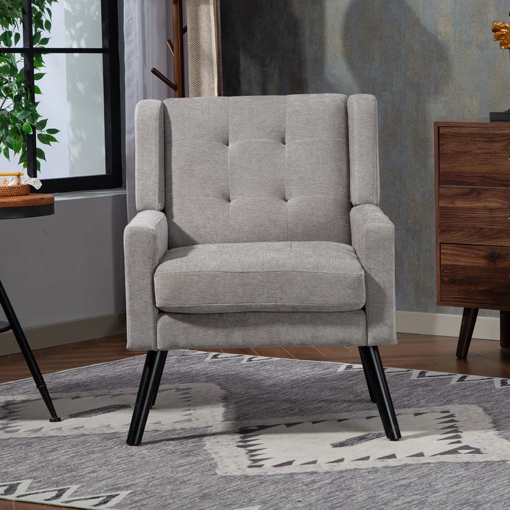 LVHOM Sessel aus Leinenstoff mit Knopfsteppung, Relaxsessel mit Massivholzbeinen, Polstersessel für Wohnzimmer & Büro, bis 130kg, Hellgrau – Bild 6