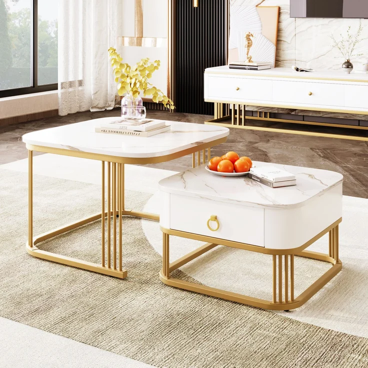 Couchtisch set 60×60+50×50 cm Hochglanz Marmoroptik Weiß und Gold, Kaffeetisch mit Schublade – Bild 5