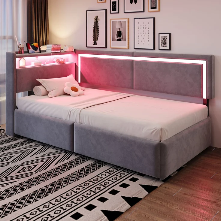 EINHOM Polsterbett Schlafsofa 90 x 200 cm, Samt, mit LED-Beleuchtung und USB-Ladeanschlüssen, Kopfteil Lässt Sich zum Verstauen Öffnen, Hydraulisches Stauraumsystem unter dem Bett, Hellgrau, (Ohne Matratze) – Bild 4
