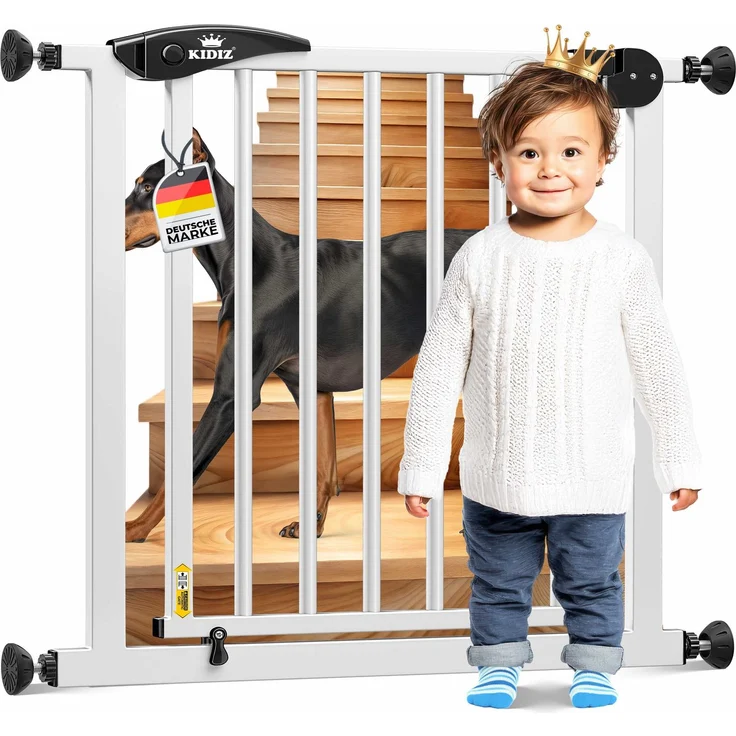 KIDIZ® Schutzgitter für Treppen, Auto Close Treppenschutzgitter ohne Bohren, 90° Stop, schwenkbare Trennwand, Klemmen, Weiß / Schwarz, 88 - 94 cm