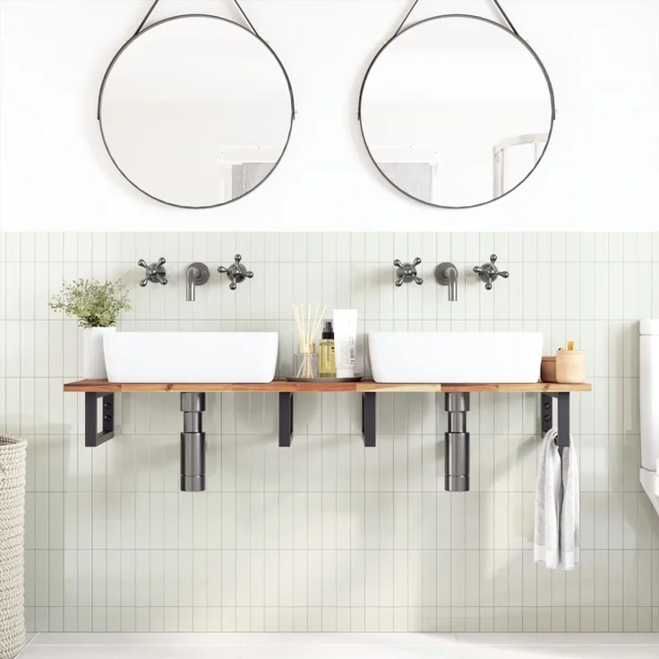 vidaXL Waschbeckenregal Wandmontage Stahl und Akazienholz 3302729 – Bild 3