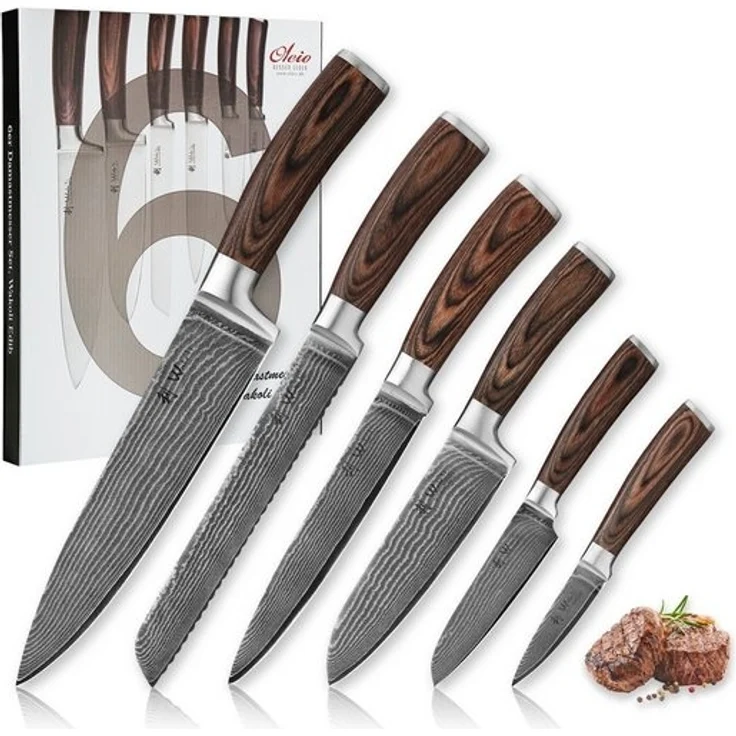 Wakoli Messer-Set Edib 6er Damastmesserset I Küchenmesser Kochmesser I 8 - 20 cm Klingen (Damastmesser mit Geschenkbox, 6-tlg, 6er Damastmesser-Set mit Geschenkbox), 67 Lagen Damaststahl, VG-10 Stahlkern – Bild 4