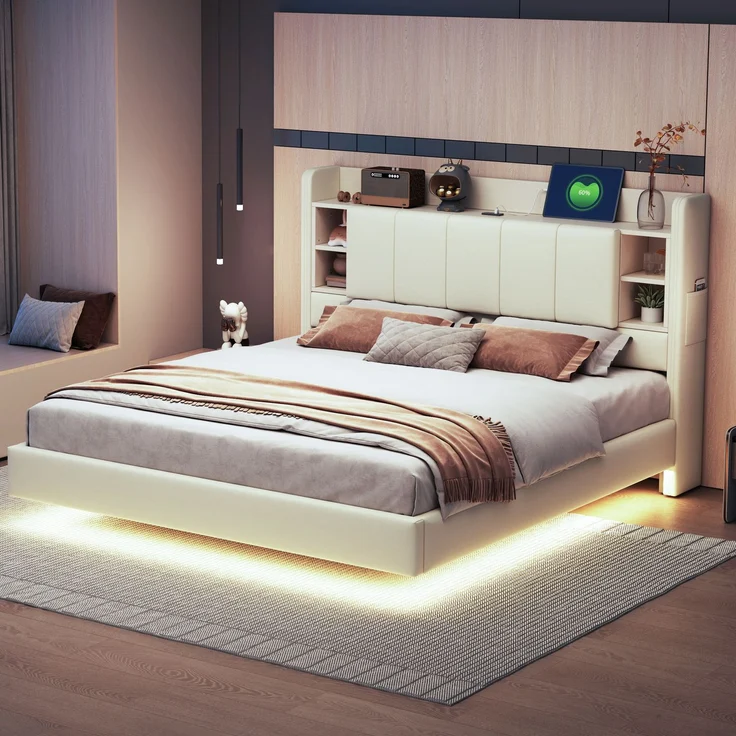 EINHOM Polsterbett 160 x 200 cm, mit USB-Steckdose und Lichtleiste, Wendbares Kopfteil mit Ablagefächern und Einlegeböden mit Kleinen Ablagefächern, Stabiler Metallrahmen, Leinenstoff, Doppelbett Beige, (Ohne Matratze) – Bild 4
