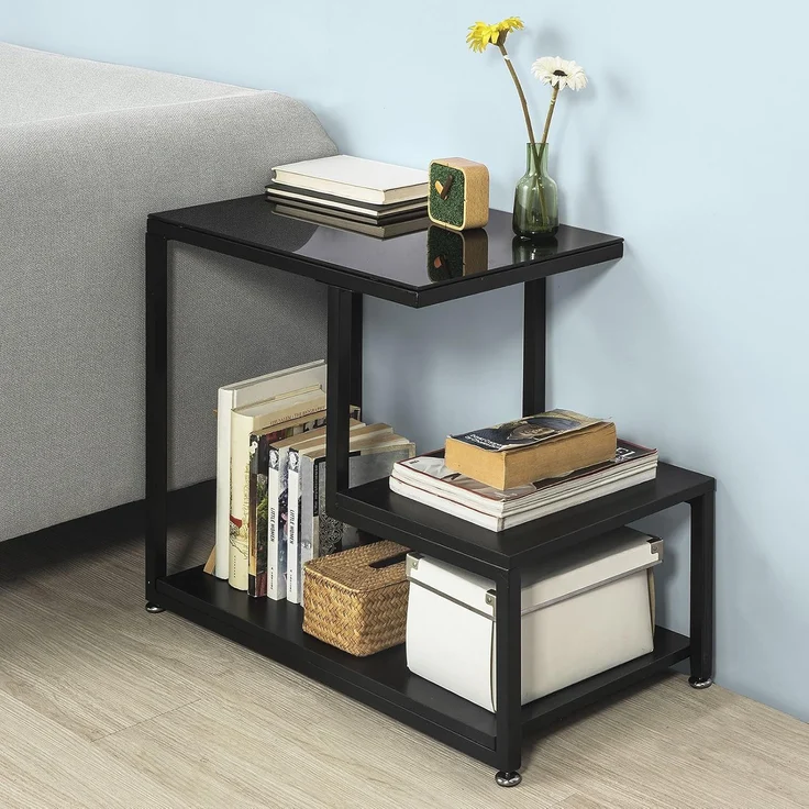 SoBuy Beistelltisch FBT65, mit Glasplatte Sofatisch Glastisch Couchtisch mit 3 Ablagen schwarz – Bild 5