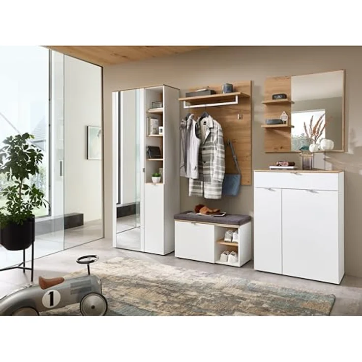 XXXL Garderobe Bari, 5-teilig in Weiß und Eiche Artisan, mit Glas, Textil und Holzwerkstoff, 264x202x38 cm, inkl. Spiegelflächen und Sitzgelegenheit – Bild 3