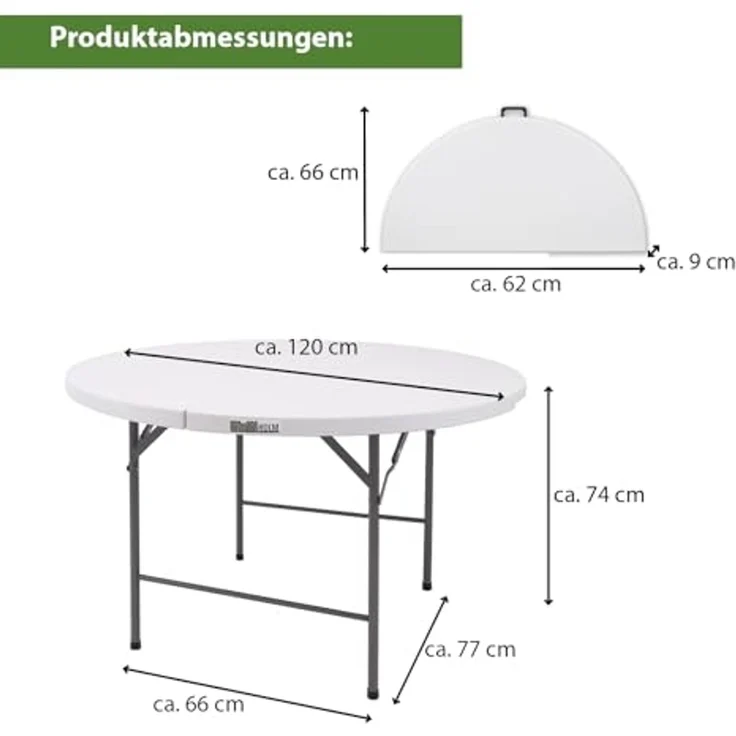 Klapptisch rund Ø 120 cm Höhe 74 cm Kunststoff / Stahl pulverbeschichtet Campingtisch Partytisch – Bild 3