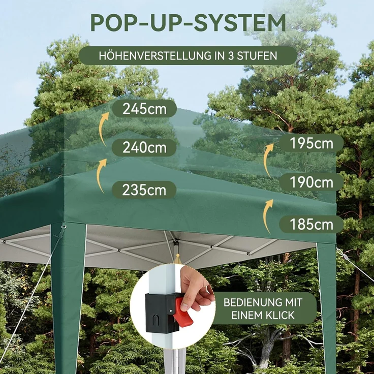Aoxun Pop Up Pavillon 2x2m Wasserdicht, Metallrahmen-Schutzzelt, Höhe Verstellbar, Faltpavillon 2x2 mit Tragetasche für Camping Party, Grün – Bild 5
