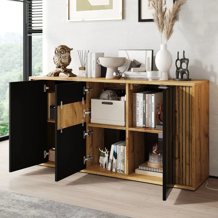 ZUBALIYA Sideboard 140x35x71 cm, mit 3 Türen, aus MDF / Spanplatte, Schwarz / Natur – Bild 3