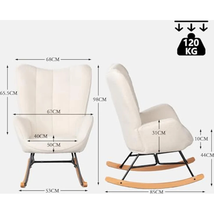 MEUBLE COSY Schaukelstuhl Sessel Schaukelsessel Stillstuhl Schwingstuhl mit Armlehnen Gepolsterter Sitzfläche für Wohnzimmer Schlafzimmer, Balkon, Sherpa und Holzkufen, Bis 120 kg Belastbar, Beige – Bild 4