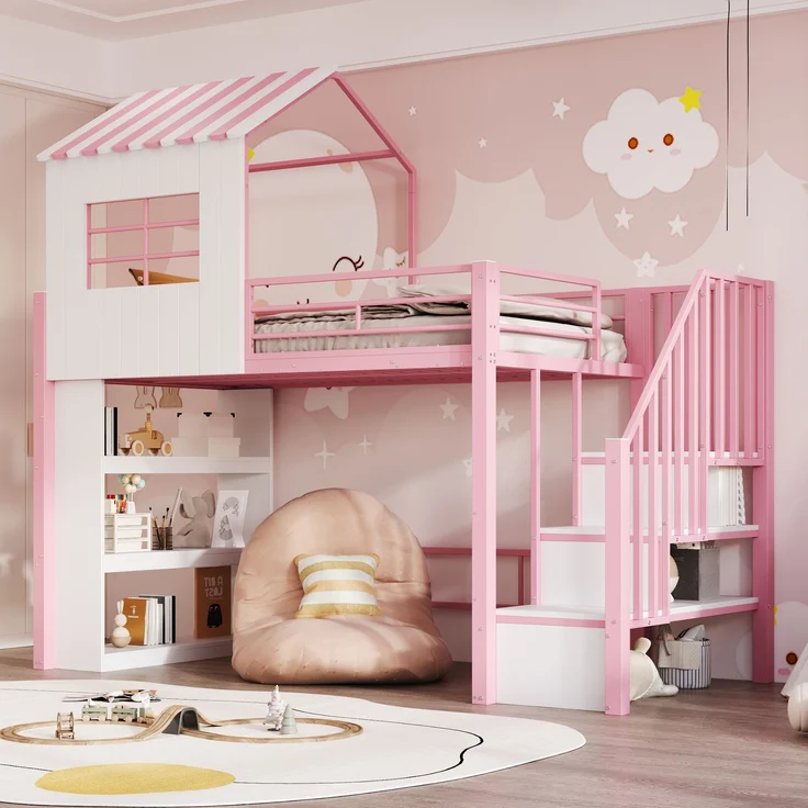 Merax Hochbett 90×200 cm, Kinderbett, Jugendbett, Hausdesign, Mehrstöckiges Stauraumregal, Sichere Treppe (montierbar links/rechts), Rosa – Bild 3