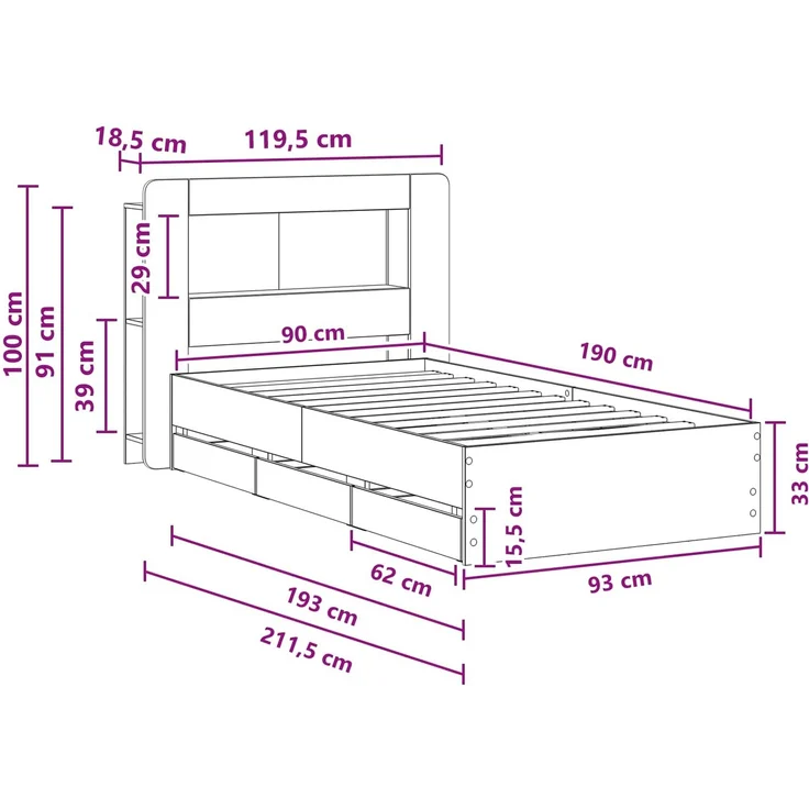 vidaXL Bettgestell mit Stauraum und Kopfteil Räuchereiche 90 x 190 cm 3434007 – Bild 11