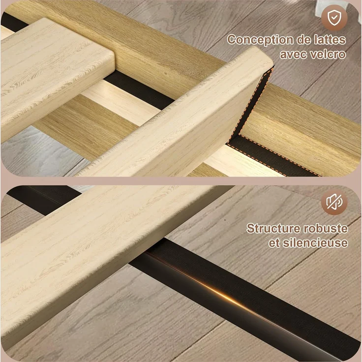 VECELO Doppelt gepolstert, 140 x 190 cm, mit Kopfteil aus Baumwolle und Leinen, höhenverstellbar, Lattenständer aus stabilem Holz, einfach zu montieren, ohne Lärm, kein Lattenrost erforderlich, Beige – Bild 4