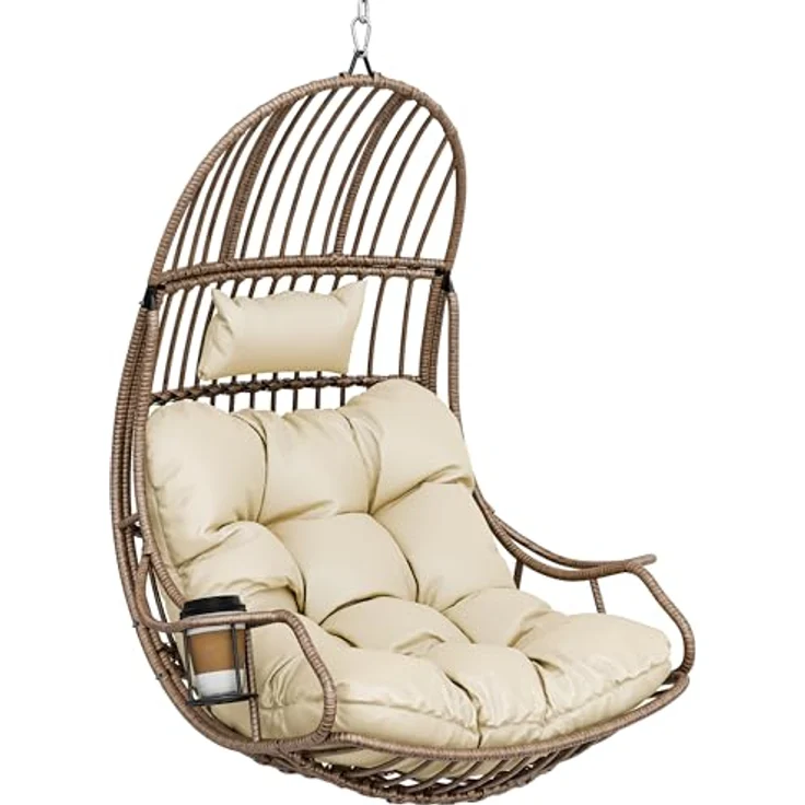 YITAHOME Rattan Hängesessel 150kg, mit Kissen & Getränkehalter, Beige – Bild 8