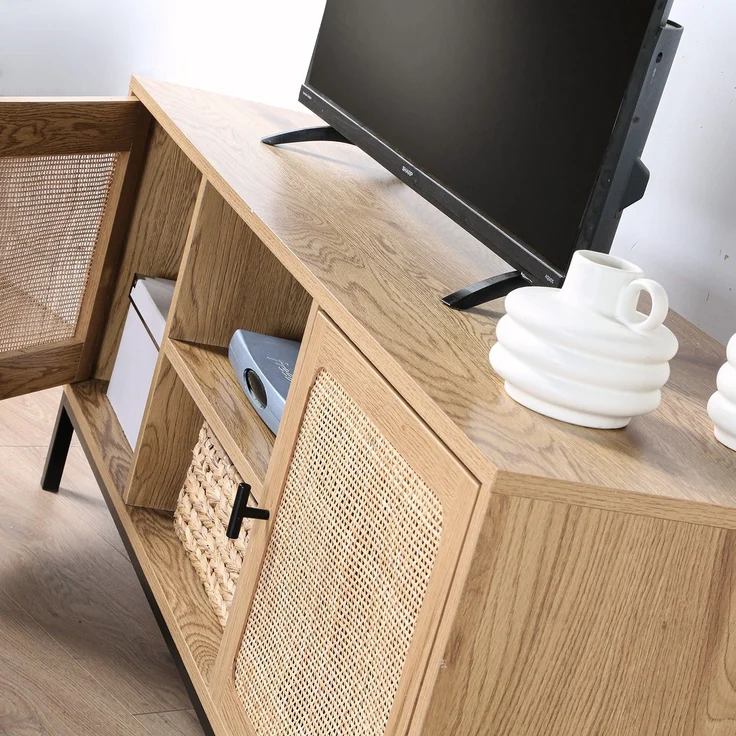 Casâme TV-Möbel mit 2 Türen, Rattangeflecht und 2 Ablagen - L120cm - Helles Holz – Bild 9