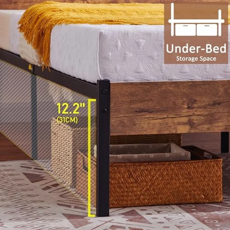 VECELO Bettgestell 140 x 200 cm, Metallbett mit Doppelschicht Holzkopfteil und Lattenrost, Modern Gästebett Jugendbett mit Stauraum Unter Dem Bett, Perfekt für Schlafzimmer, Braun – Bild 2