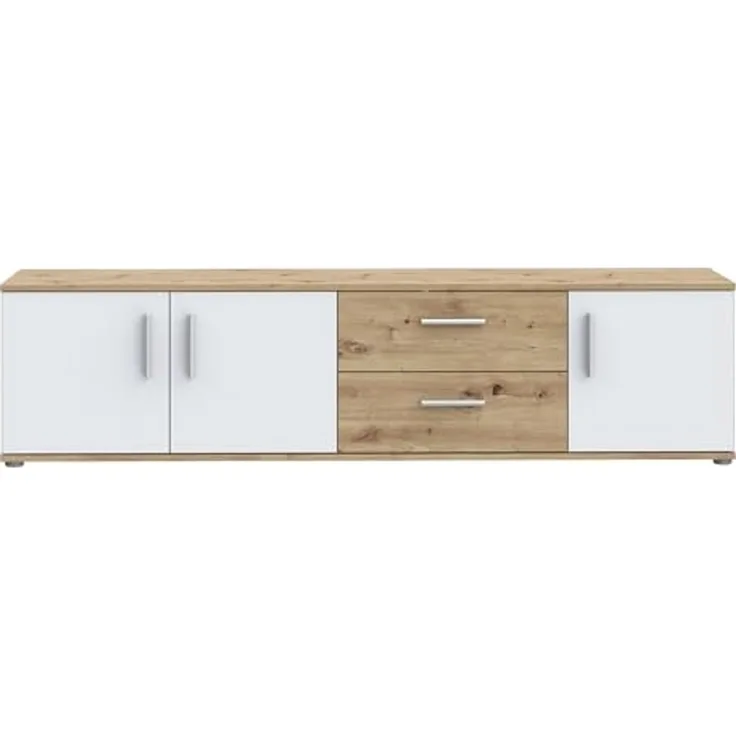 Forte IKOLI TV Schrank 180, modernes Lowboard mit 3 Türen und 2 Schubladen, Wohnzimmer, Holzwerkstoff, Weiß mit Artisan Eiche Holzdekor, 174,3 cm breit x 43,3 cm hoch x 41,3 cm tief