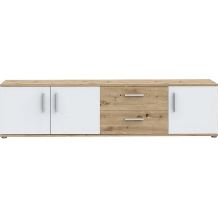 Forte IKOLI TV Schrank 180, modernes Lowboard mit 3 Türen und 2 Schubladen, Wohnzimmer, Holzwerkstoff, Weiß mit Artisan Eiche Holzdekor, 174,3 cm breit x 43,3 cm hoch x 41,3 cm tief – Bild 1