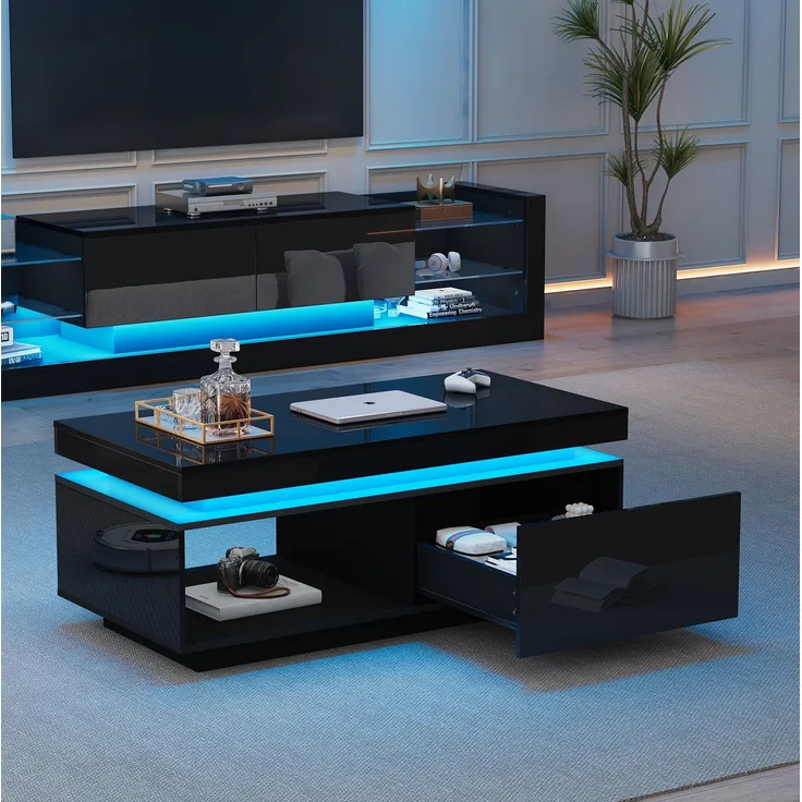 Hochglanz TV-Schrank 181cm & Couchtisch Schwarz LED Beleuchtung Wohnzimmermöbel modern elegant