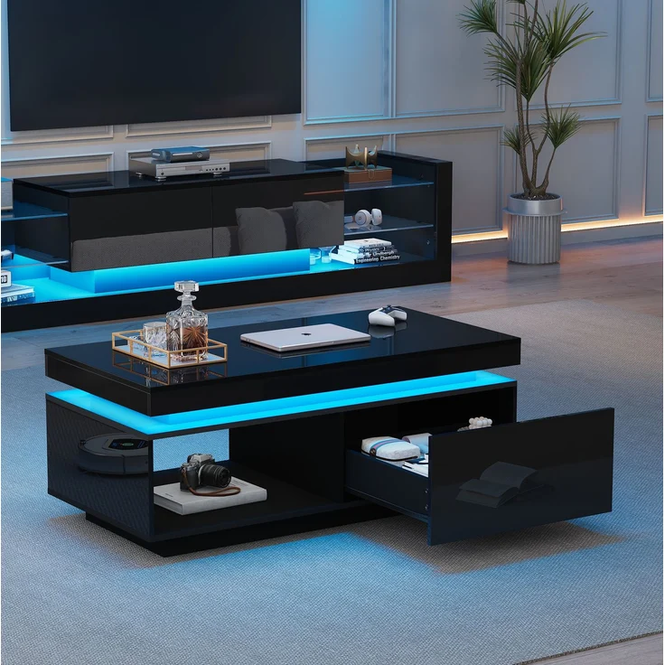 Hochglanz TV-Schrank 181cm & Couchtisch Schwarz LED Beleuchtung Wohnzimmermöbel modern elegant – Bild 1