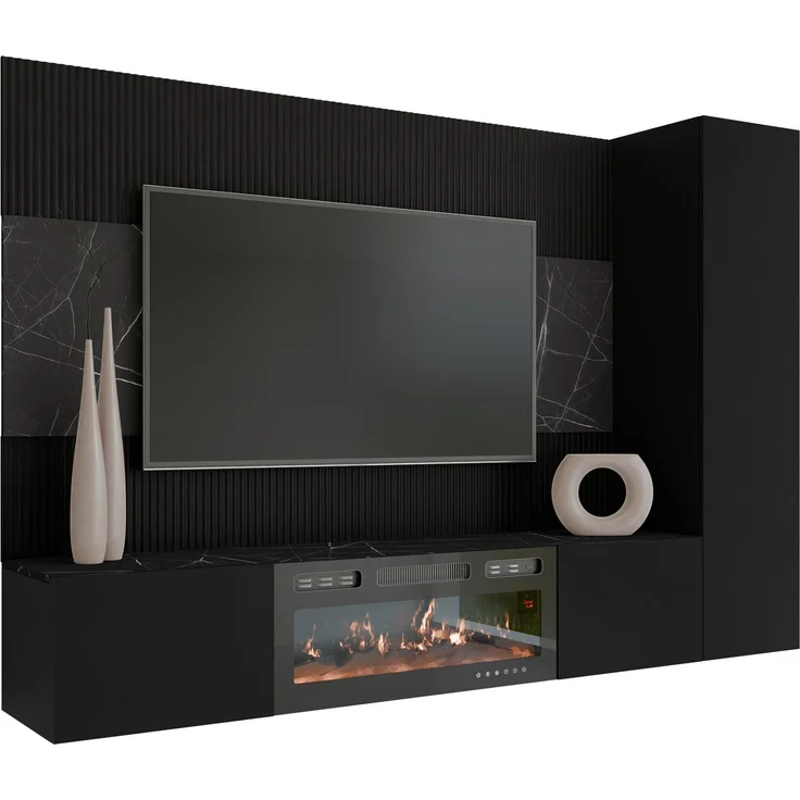 Wohnwand Deromi VI mit Kamin (Farbe: Schwarz + Schwarz Marmor) – Bild 2