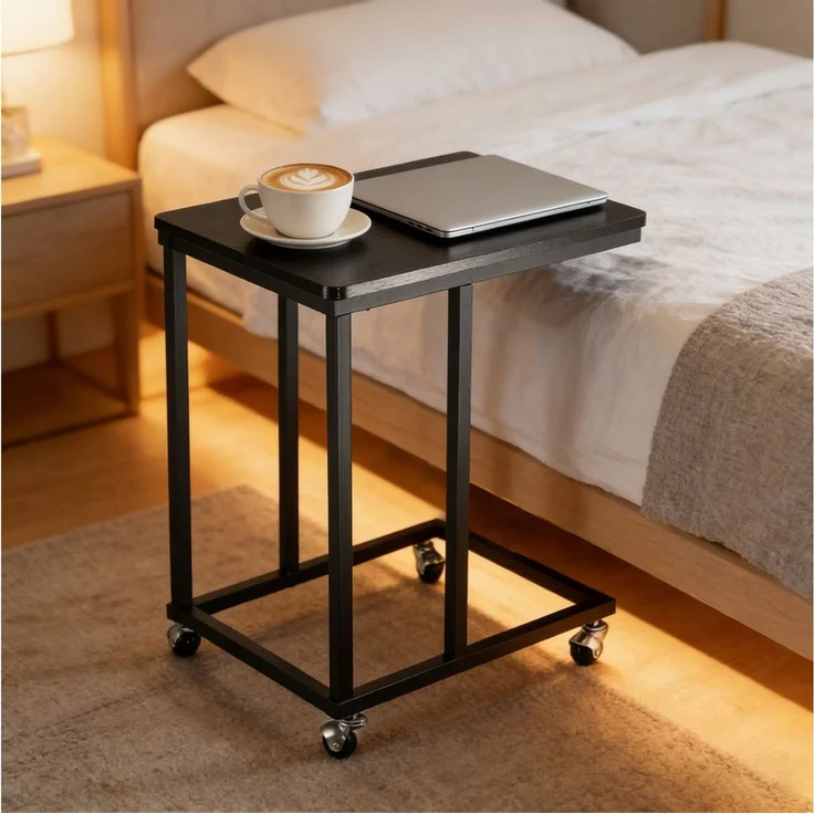 BlingBin Beistelltisch Mobiler Kaffeetisch,C-förmiger Sofatisch mit Rollen,35 x 50 x 60 cm (1 Set, 1-St, Laptoptisch mit Metallgestell und Holzoptik), für Sofa, Bett und Wohnzimmer, Schwarz – Bild 2