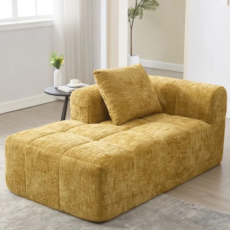 Chaiselongue-Sofa 158 x 90 x 60 cm in Gelb mit Seitentaschen und Kissen – Bild 2
